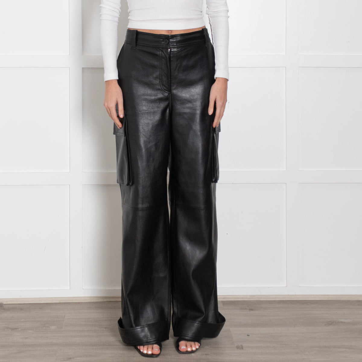 Stand Studio Black Faux Leather Cargo Trousers