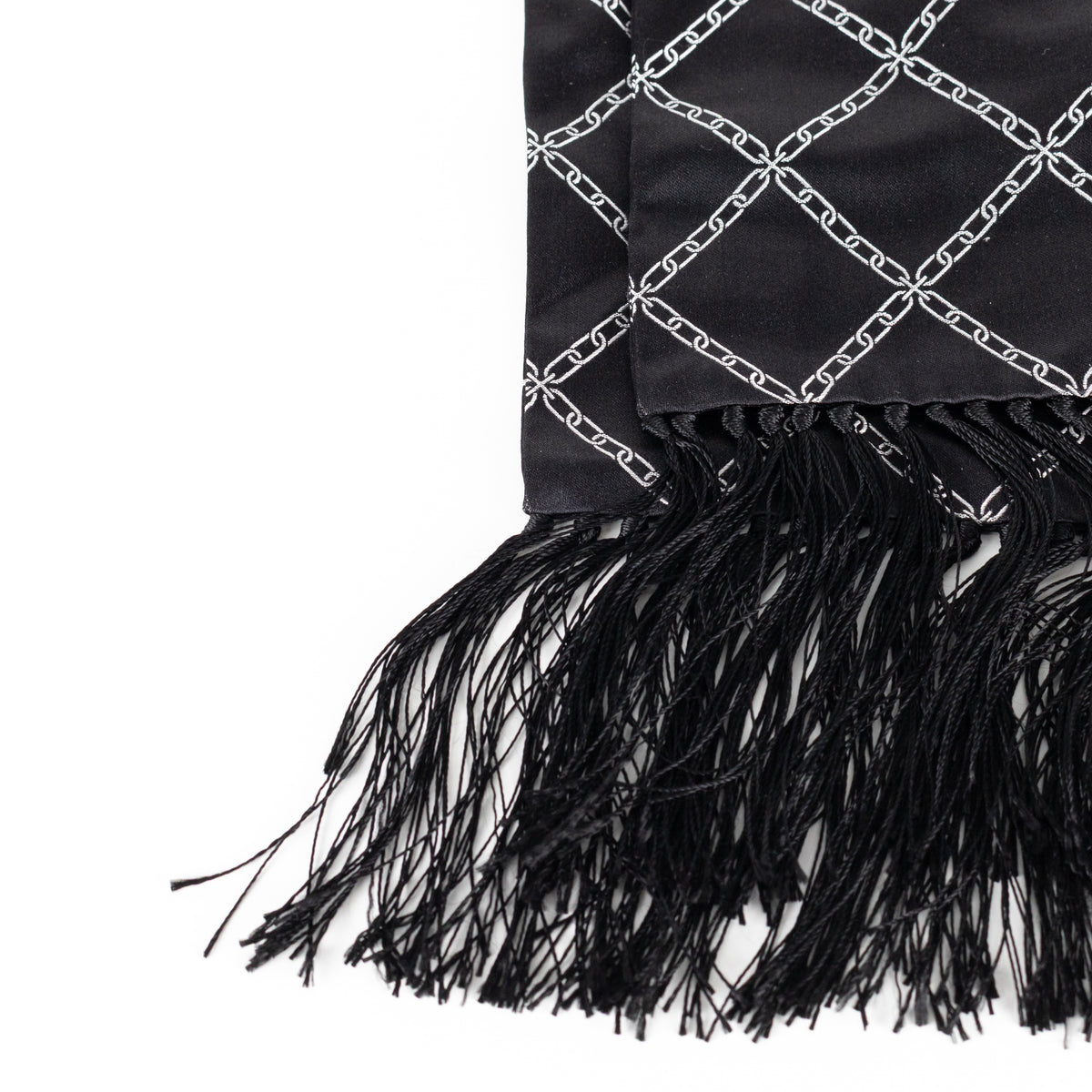 Burberry Black Fringed 100% Silk Scarf With White Chain Pattern