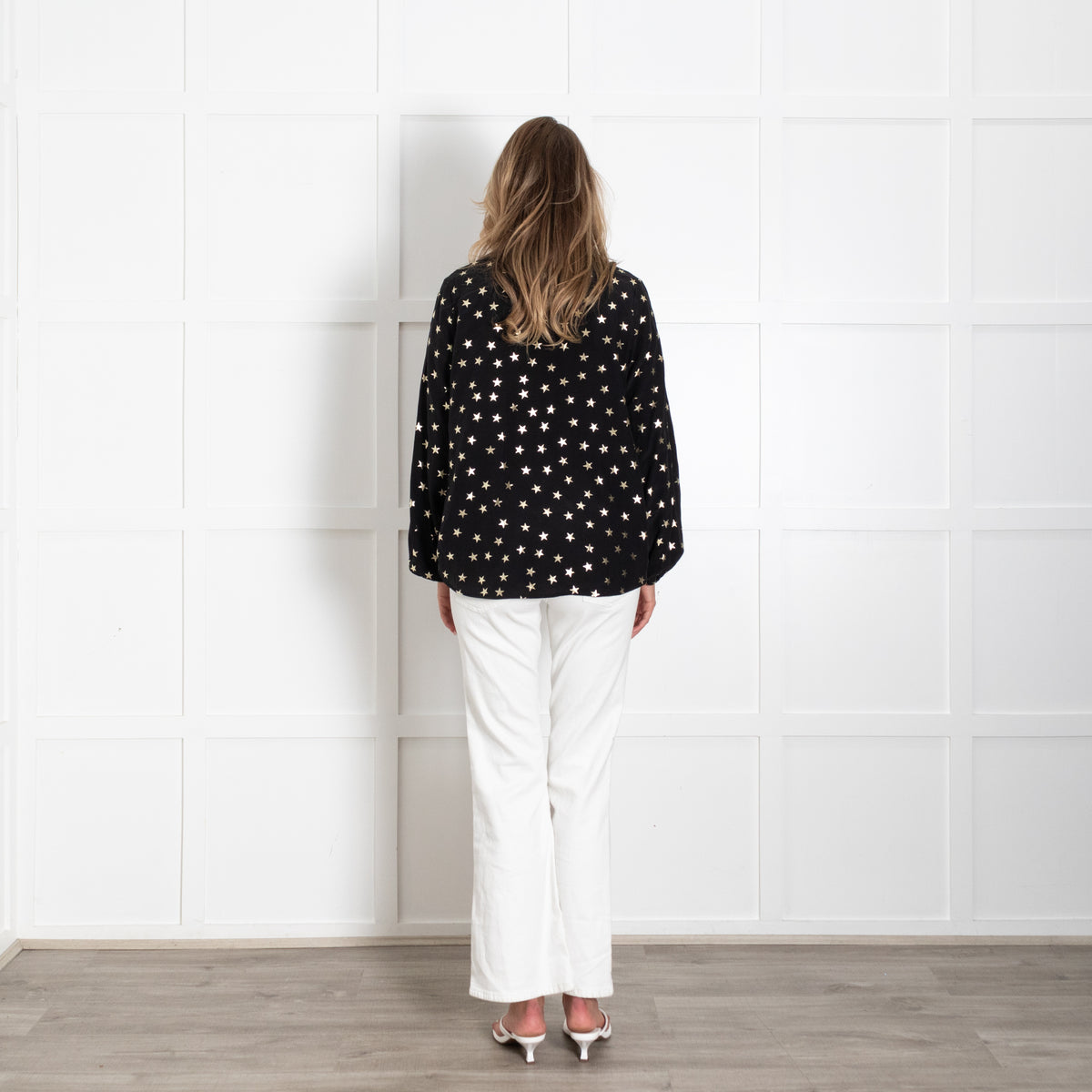 Rixo Black Top With Gold Stars and Contrast Tie Neck