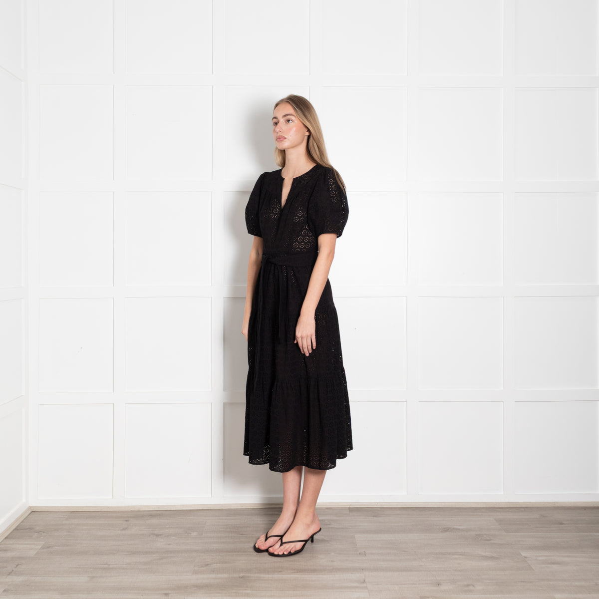 Wyse Black Broderie Anglaise Puff Sleeve Belted Dress