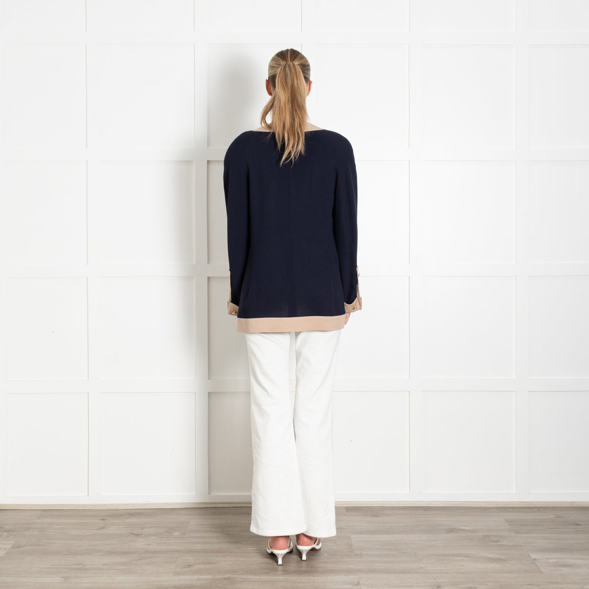 Chanel Longline Navy Cardigan With Beige Trim And Gold Buttons