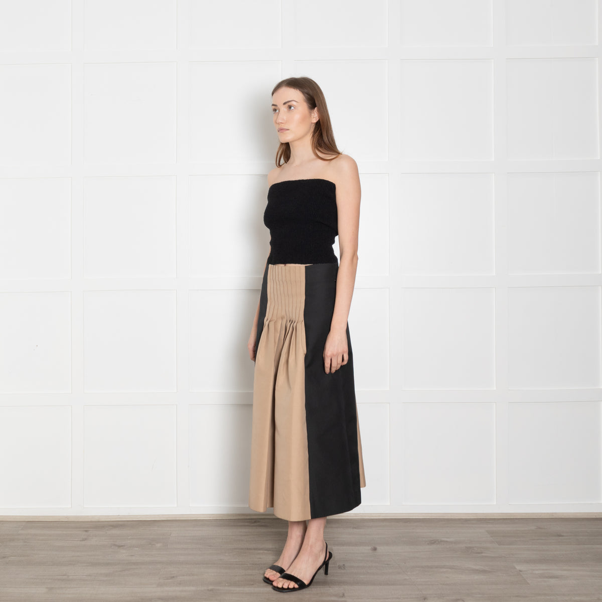Cyclas Black Beige Pleated Waist Detail Midi Skirt