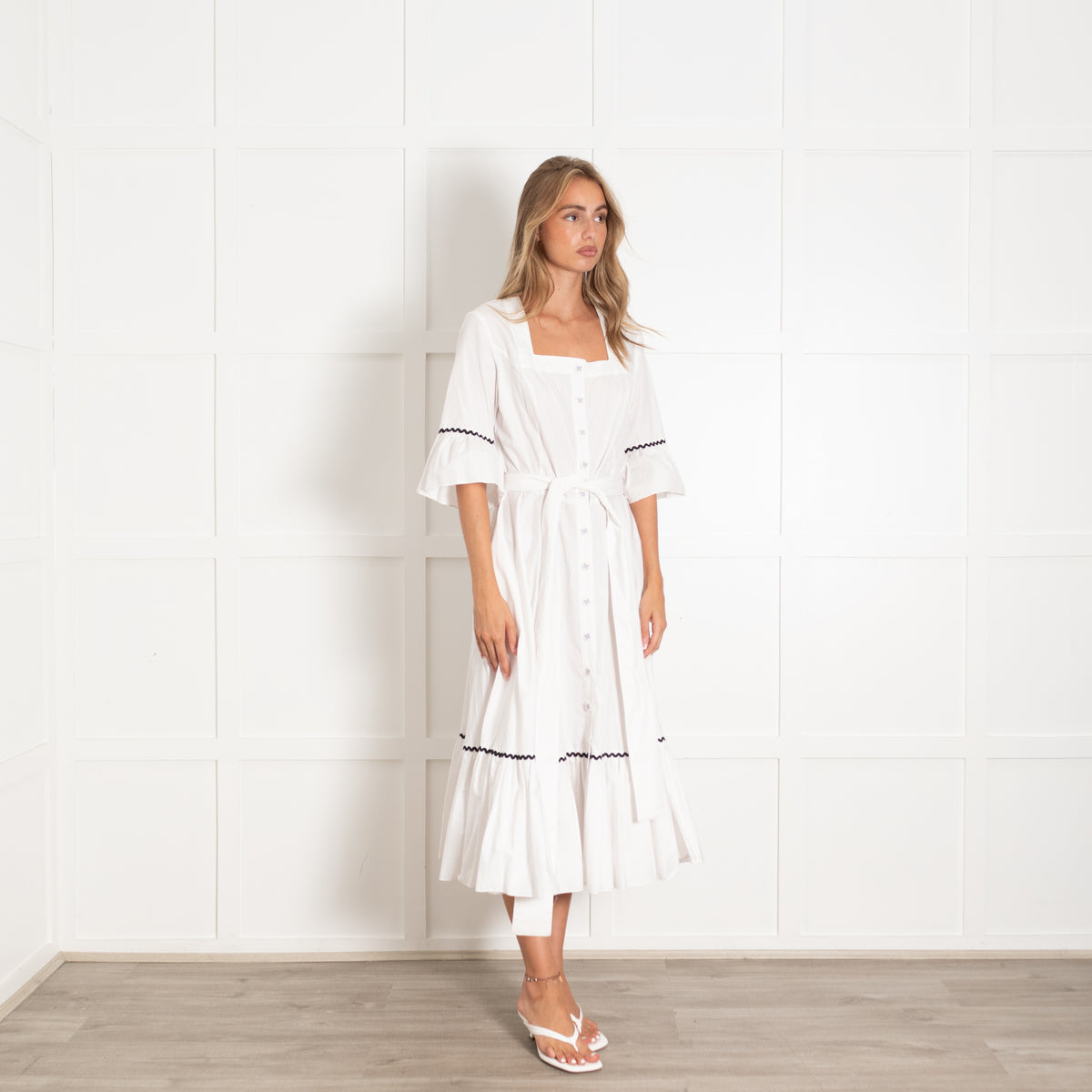 Batsheva Delsey White Cotton Bow Square Neck Midi Dress
