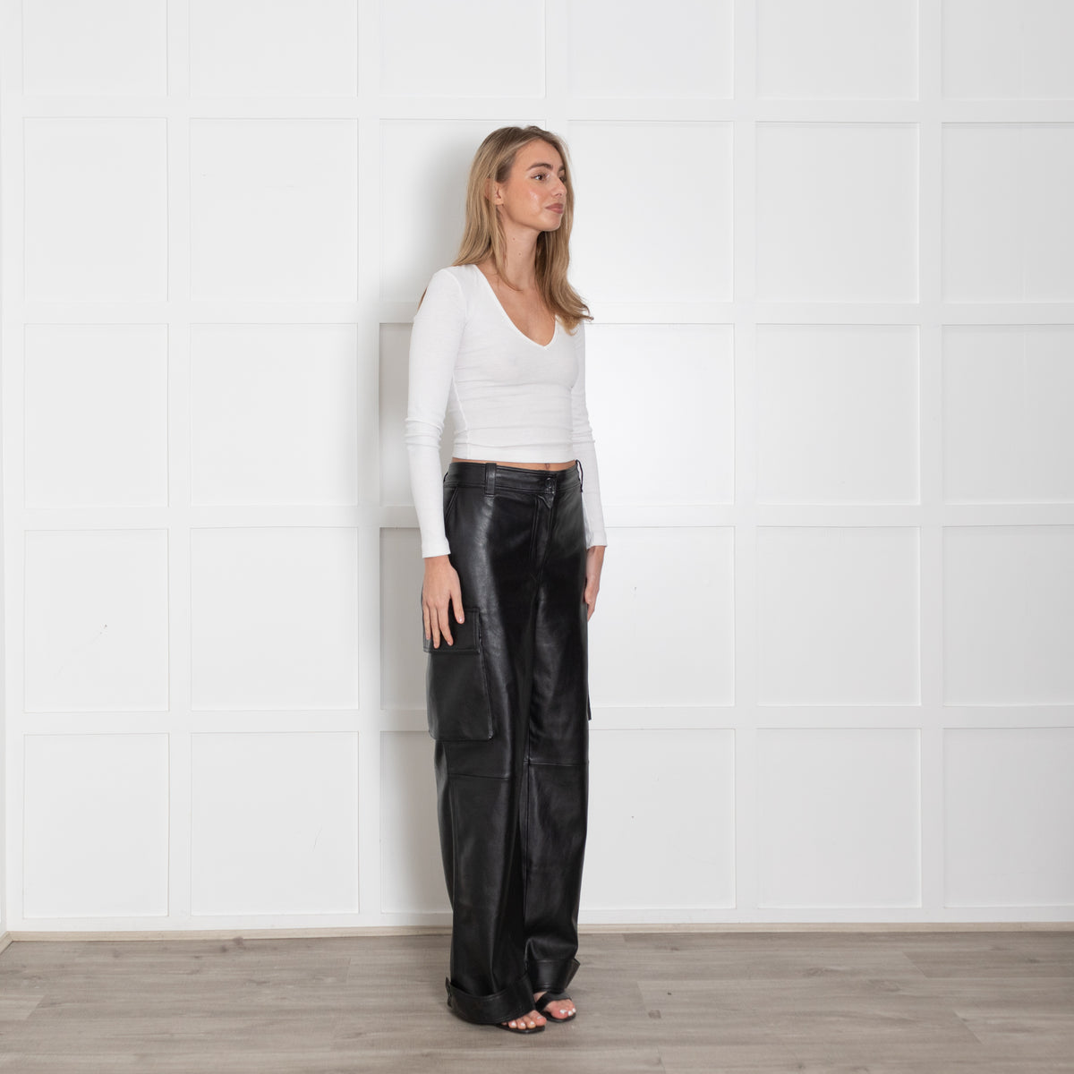 Stand Studio Black Faux Leather Cargo Trousers