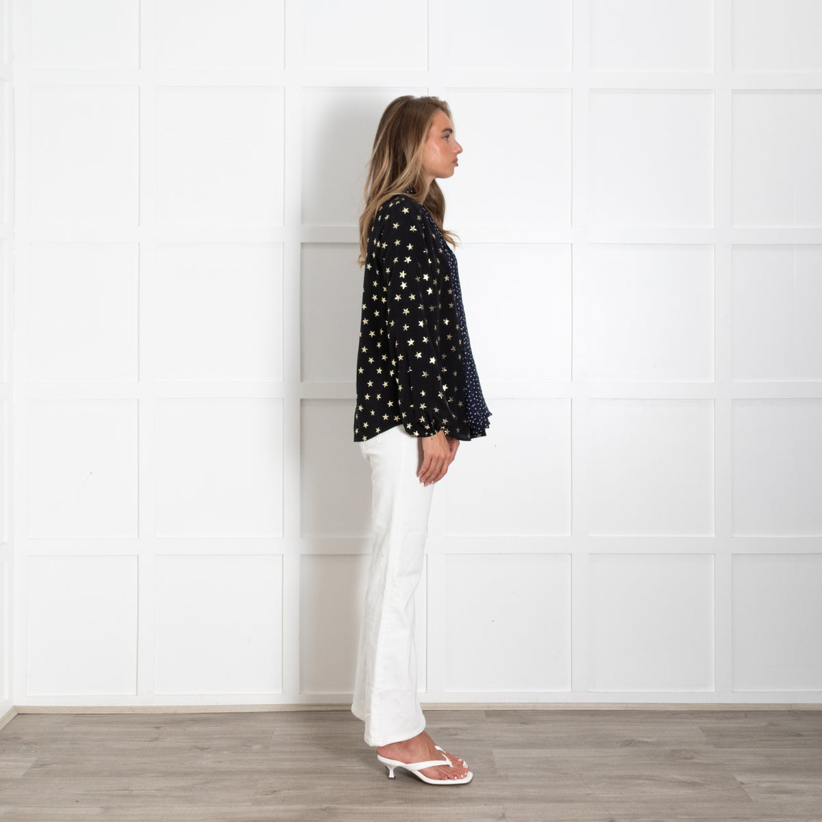 Rixo Black Top With Gold Stars and Contrast Tie Neck