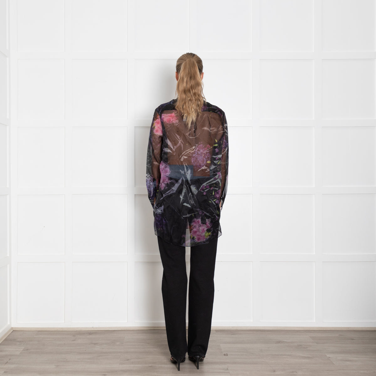 Acne Black With Floral Pattern Silk Sheer Oversized Blouse