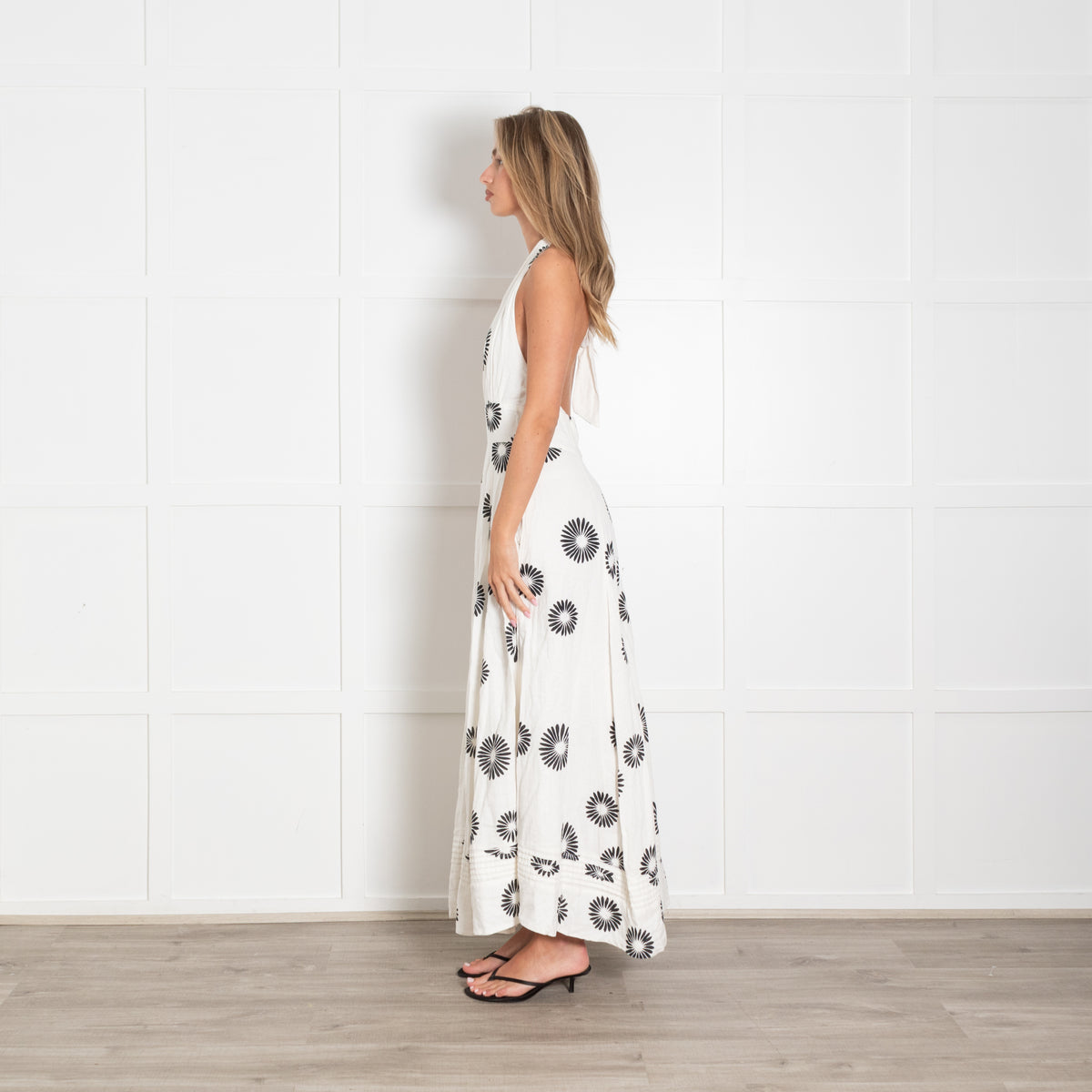 Me + Em Cream Black Floral Cotton Halterneck Maxi Dress
