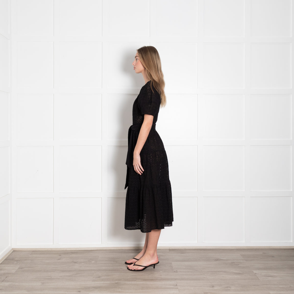 Wyse Black Broderie Anglaise Puff Sleeve Belted Dress