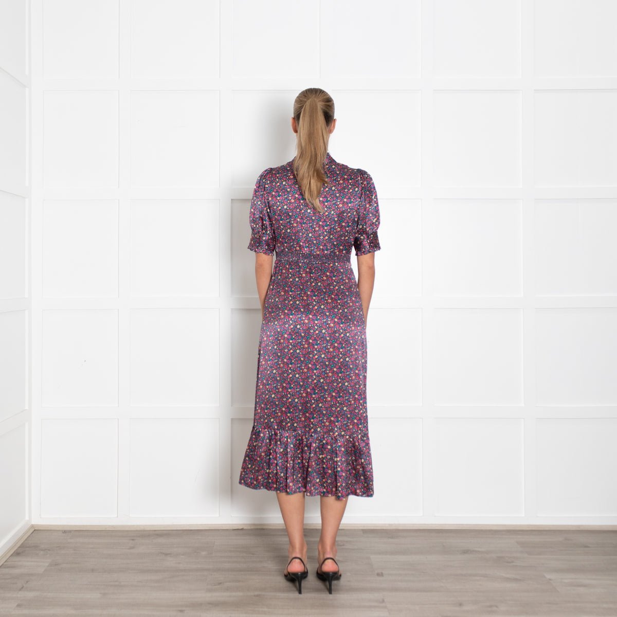 Wyse Navy Burgundy Floral Short Sleeve Long Dress