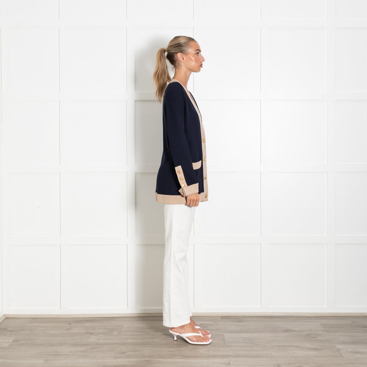 Chanel Longline Navy Cardigan With Beige Trim And Gold Buttons