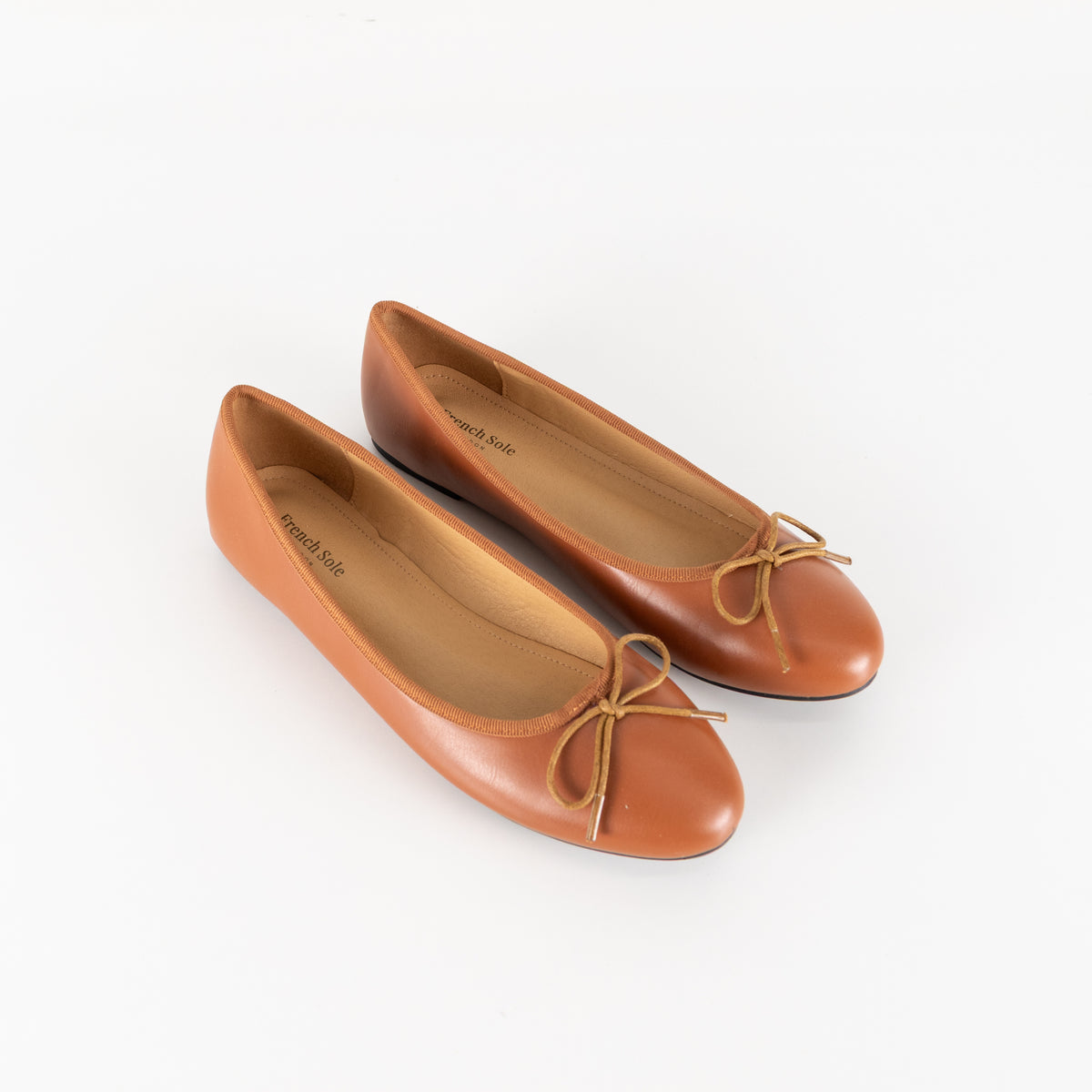 French Sole Tan Leather Ballet Flats With Bow Detail