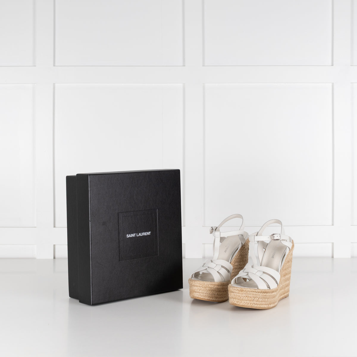 Saint Laurent White Leather Tribute Espadrille Wedges