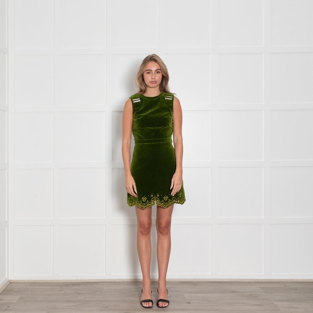 Carven Green Velvet Embroidered Hem Dress