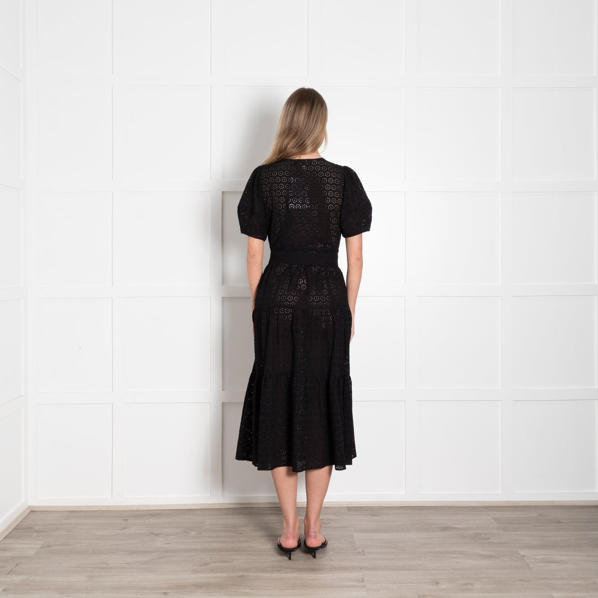 Wyse Black Broderie Anglaise Puff Sleeve Belted Dress