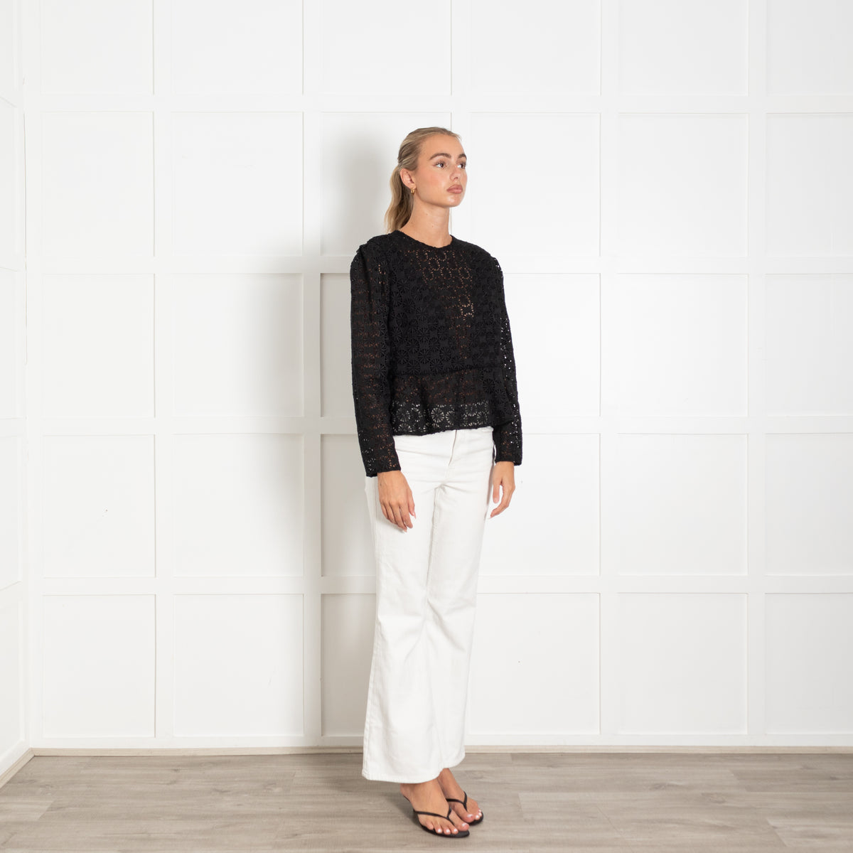 Sandro Black Guipure Lace Longsleeve Blouse With Peplum Hem