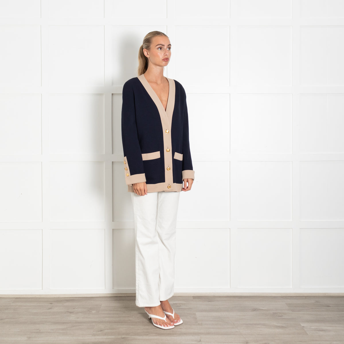 Chanel Longline Navy Cardigan With Beige Trim And Gold Buttons