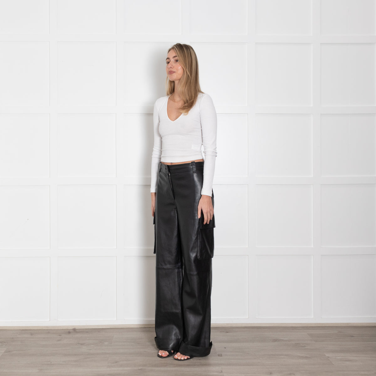 Stand Studio Black Faux Leather Cargo Trousers