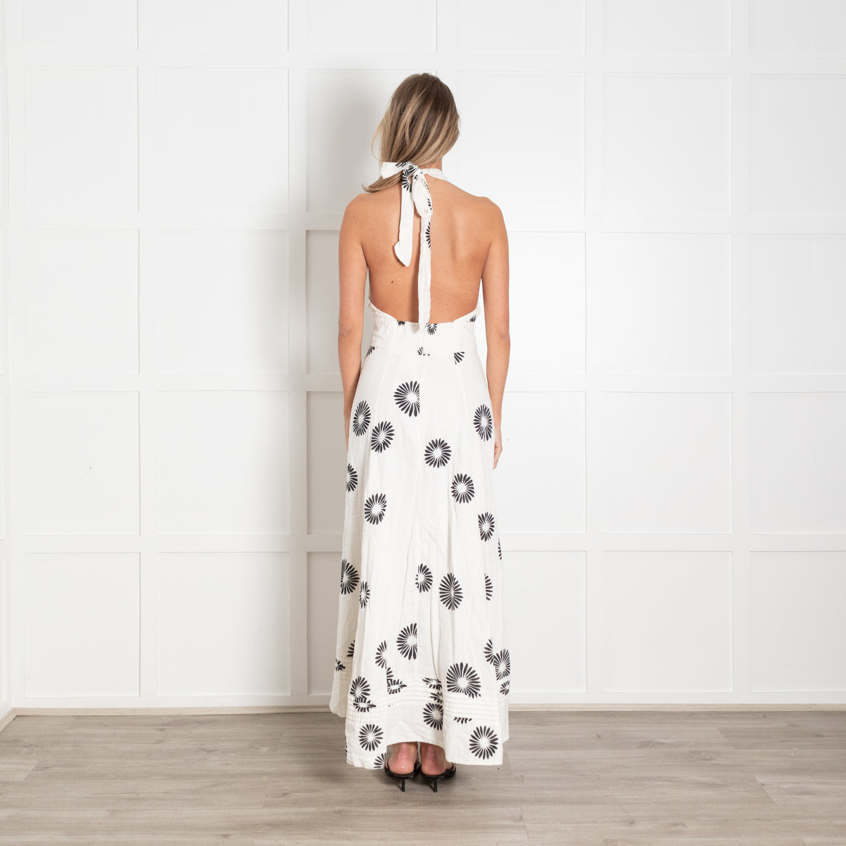Me + Em Cream Black Floral Cotton Halterneck Maxi Dress