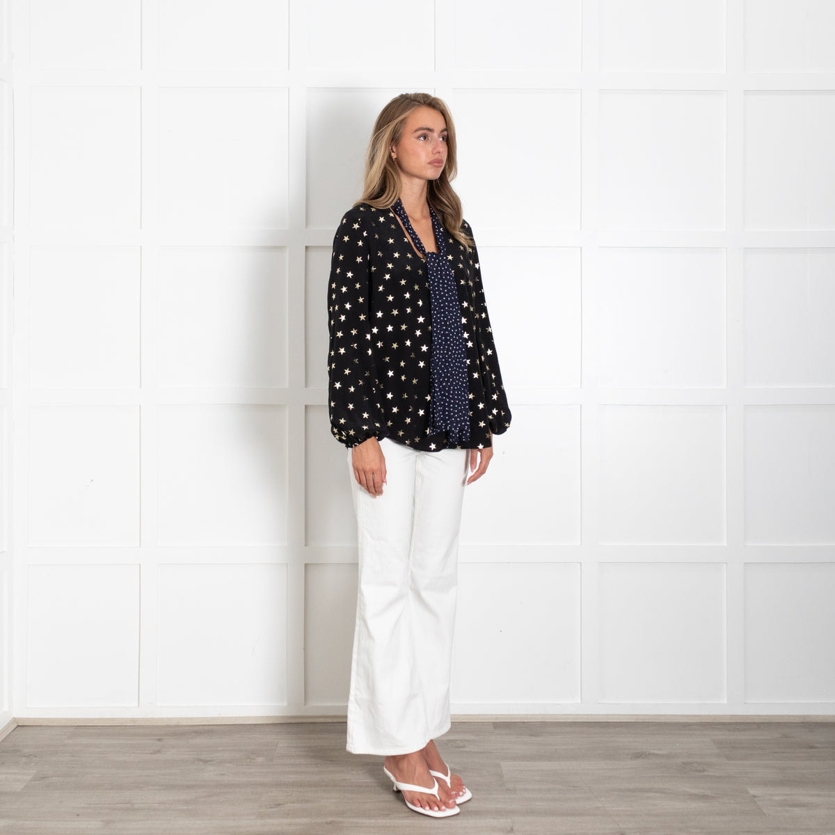 Rixo Black Top With Gold Stars and Contrast Tie Neck