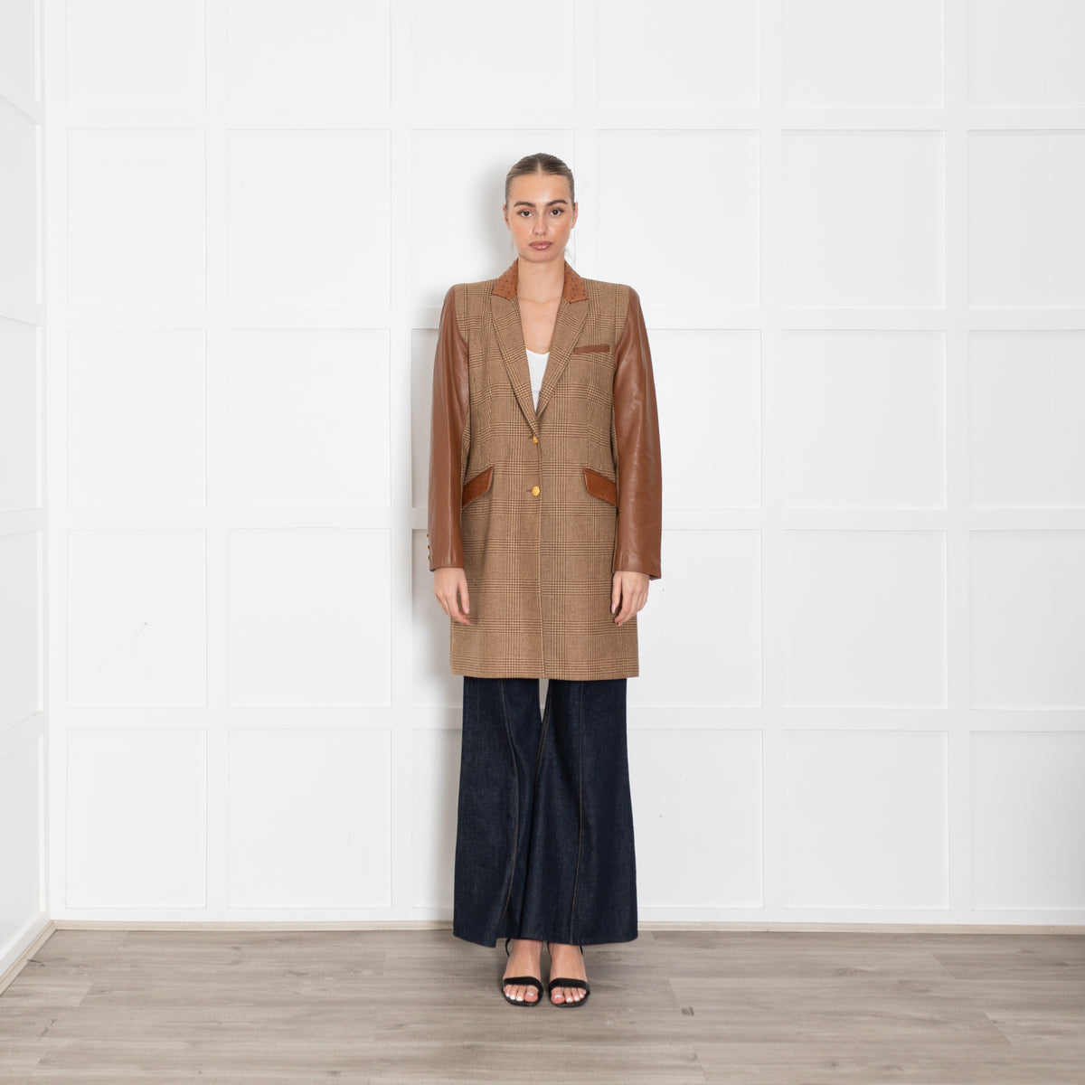 Holland Cooper Tweed Coat With Leather Sleeves, Collar & Pockets