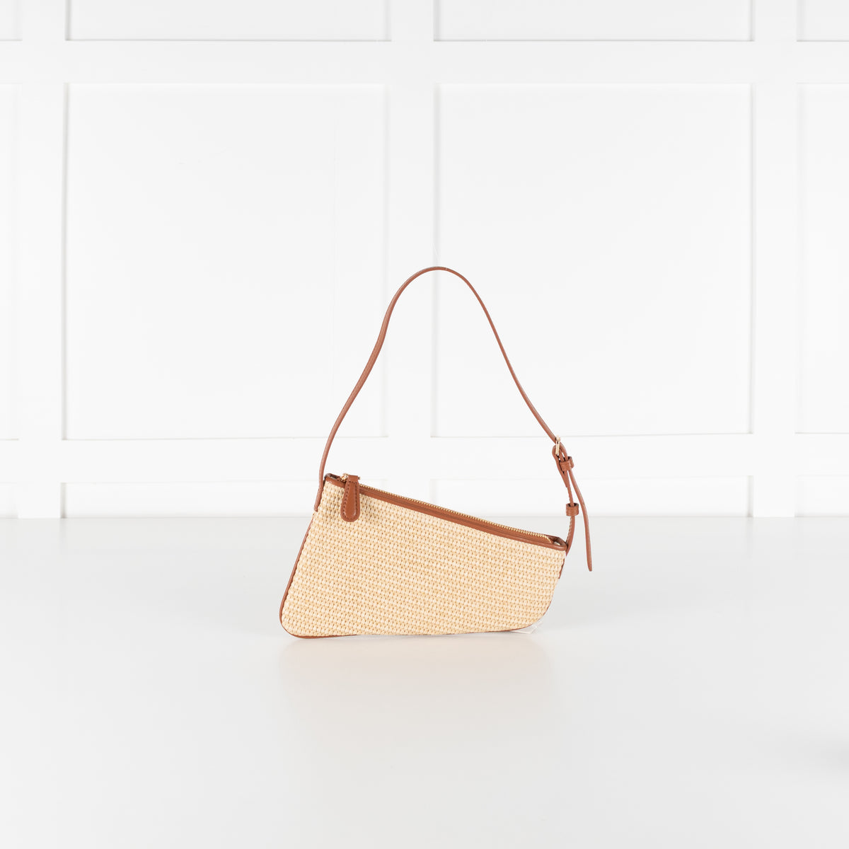 Aupen Beige Woven Asymmetric Shoulder Bag With Brown Leather Trim