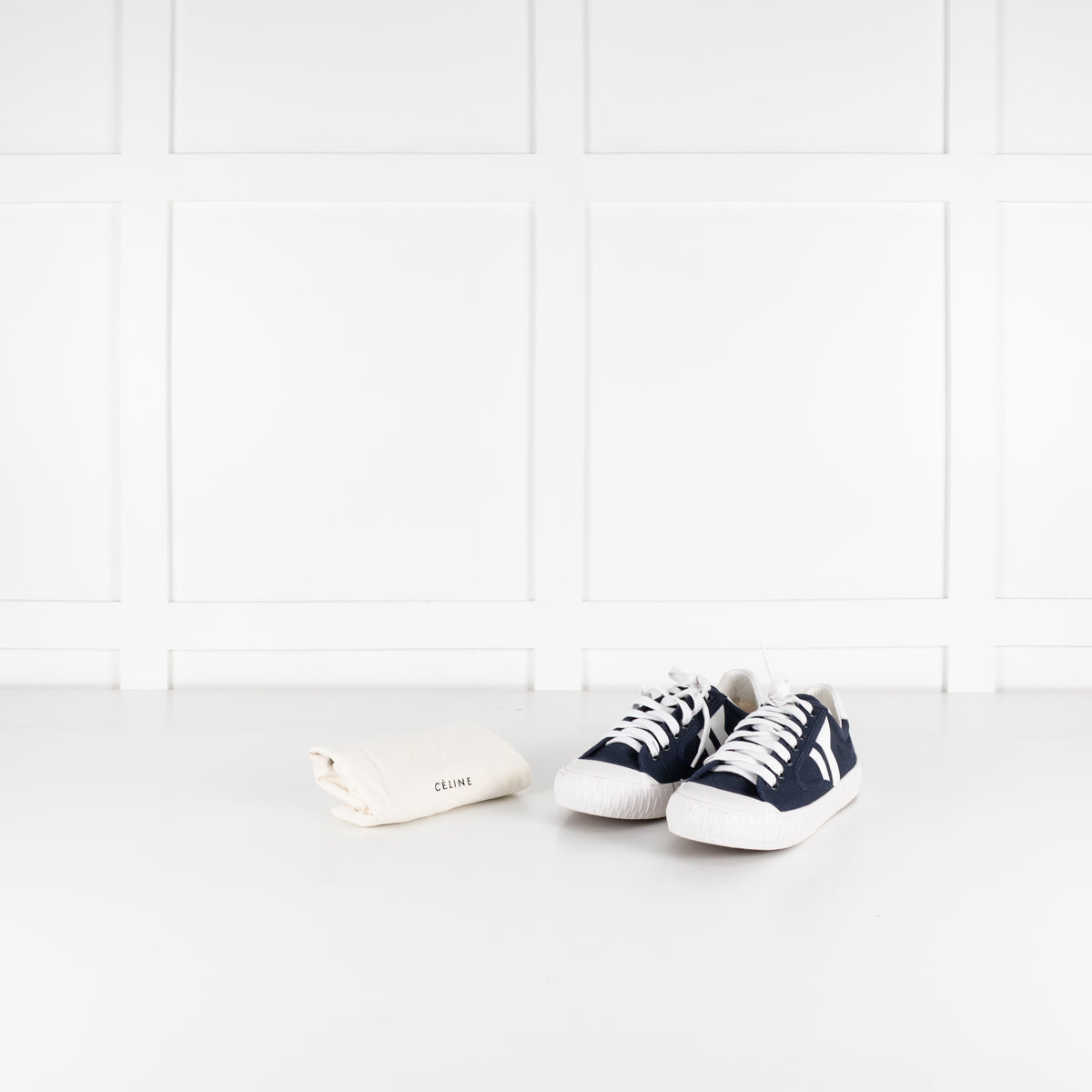 Celine Navy and White Canvas Trainers