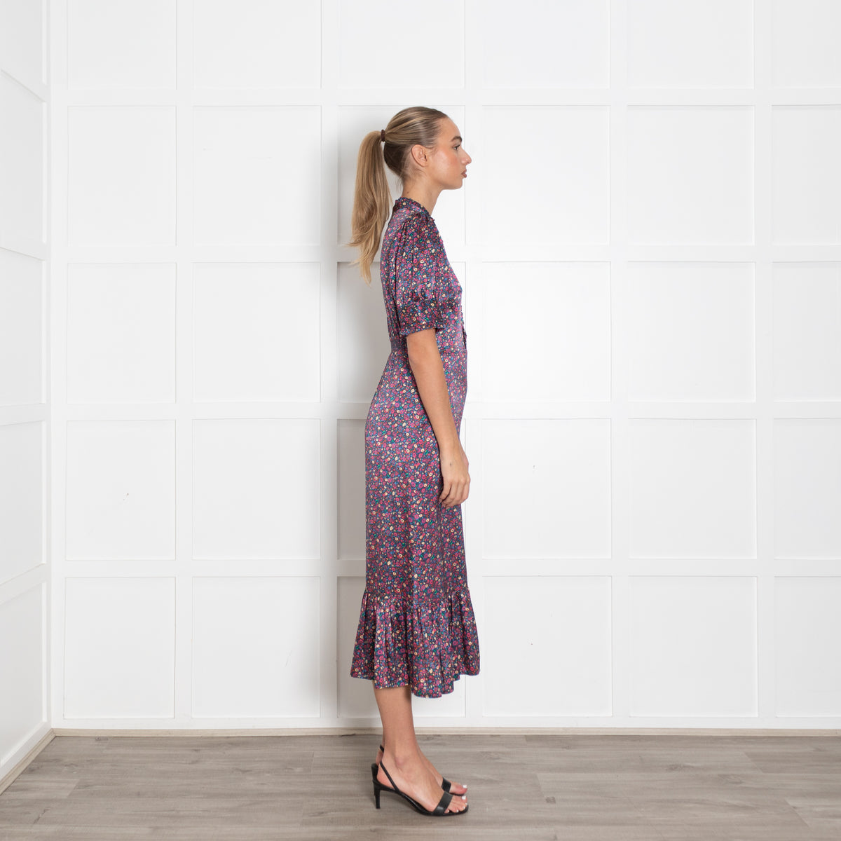Wyse Navy Burgundy Floral Short Sleeve Long Dress