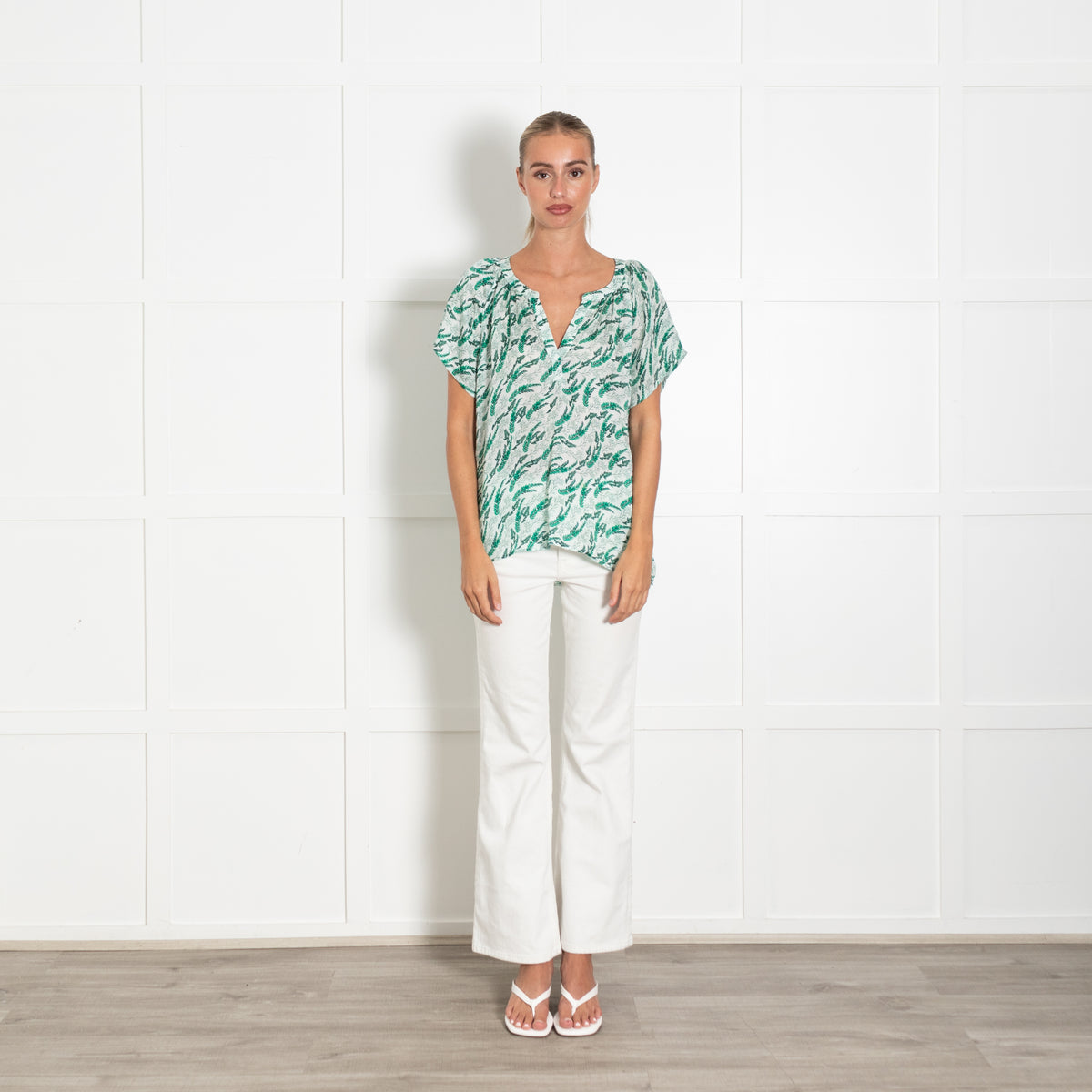 Primrose Park Green And White Fern Pattern Cap Sleeve Top