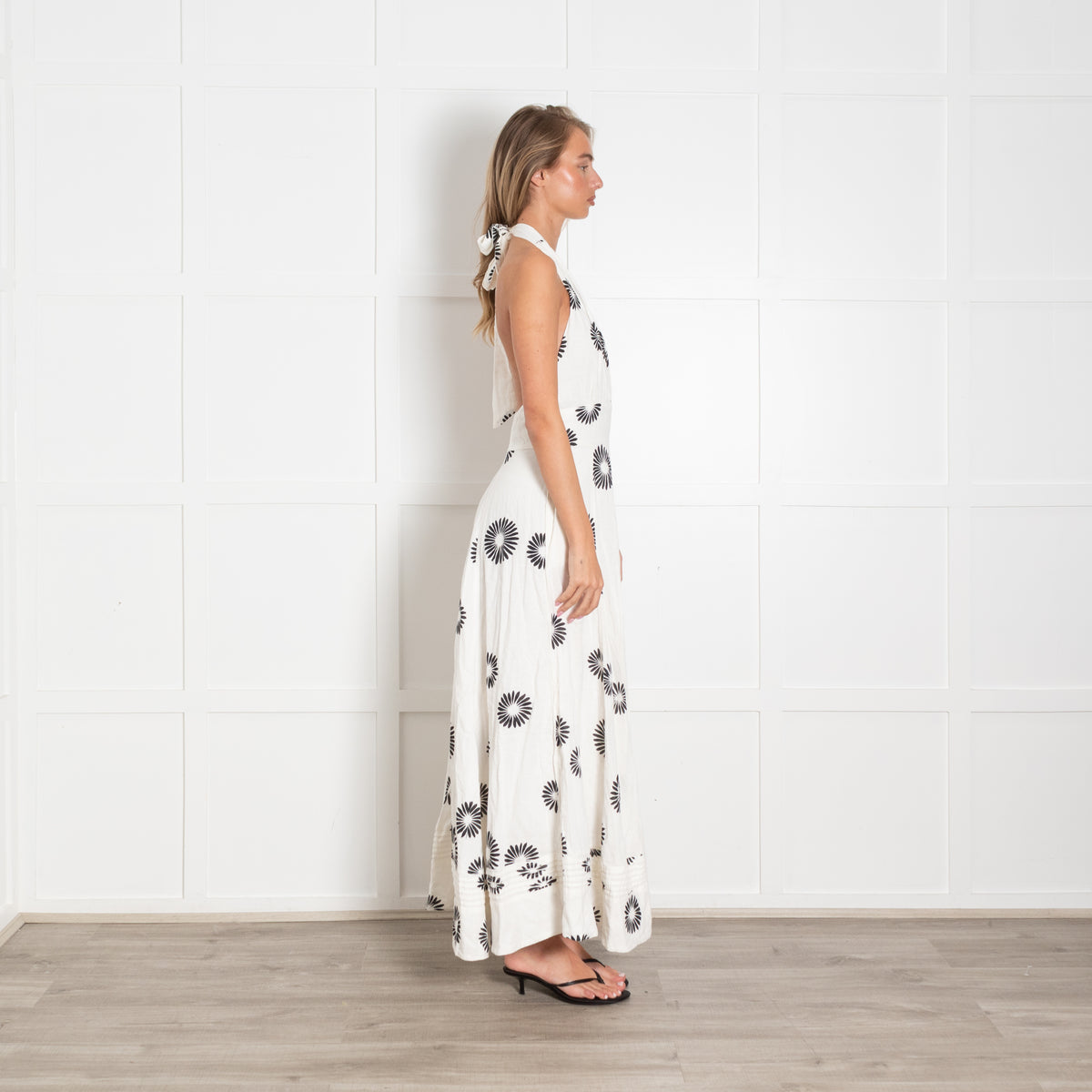 Me + Em Cream Black Floral Cotton Halterneck Maxi Dress