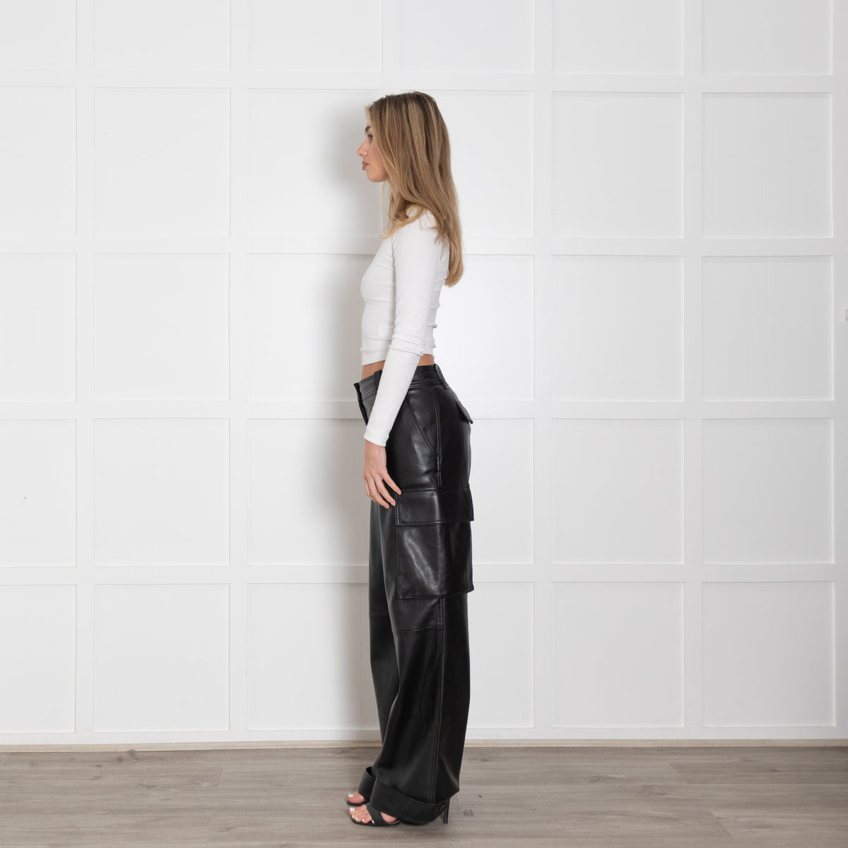 Stand Studio Black Faux Leather Cargo Trousers