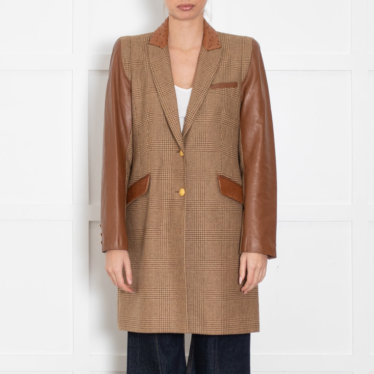 Holland Cooper Tweed Coat With Leather Sleeves, Collar & Pockets