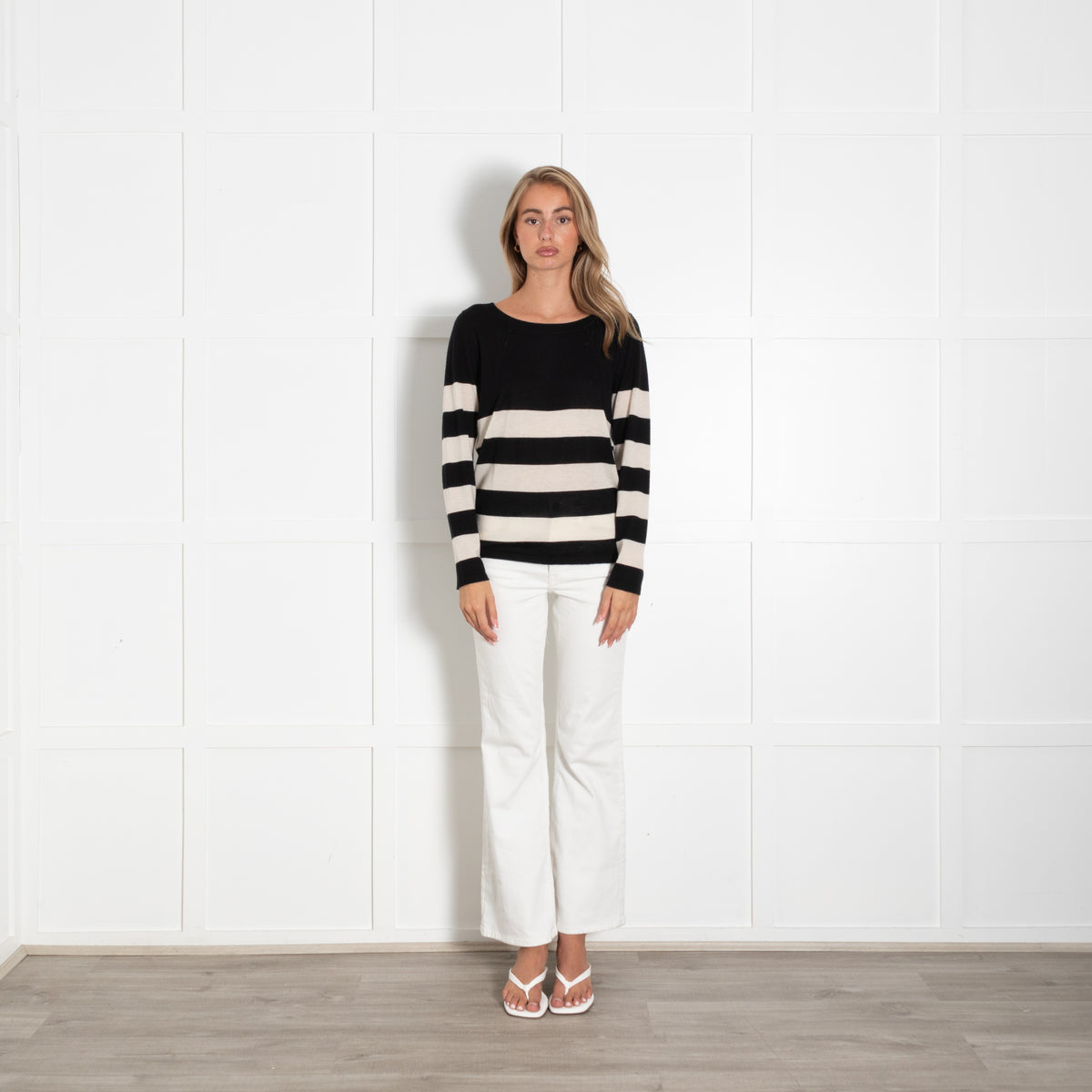 Strenesse Black And Cream Stripe Fine Knit Cashmere Jumper