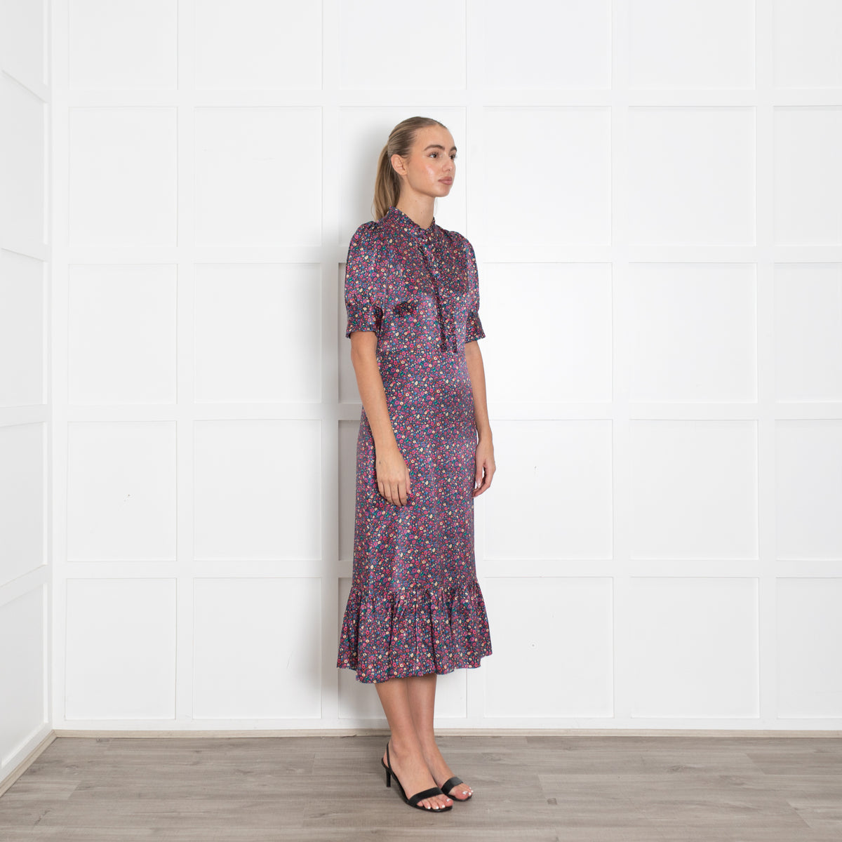 Wyse Navy Burgundy Floral Short Sleeve Long Dress