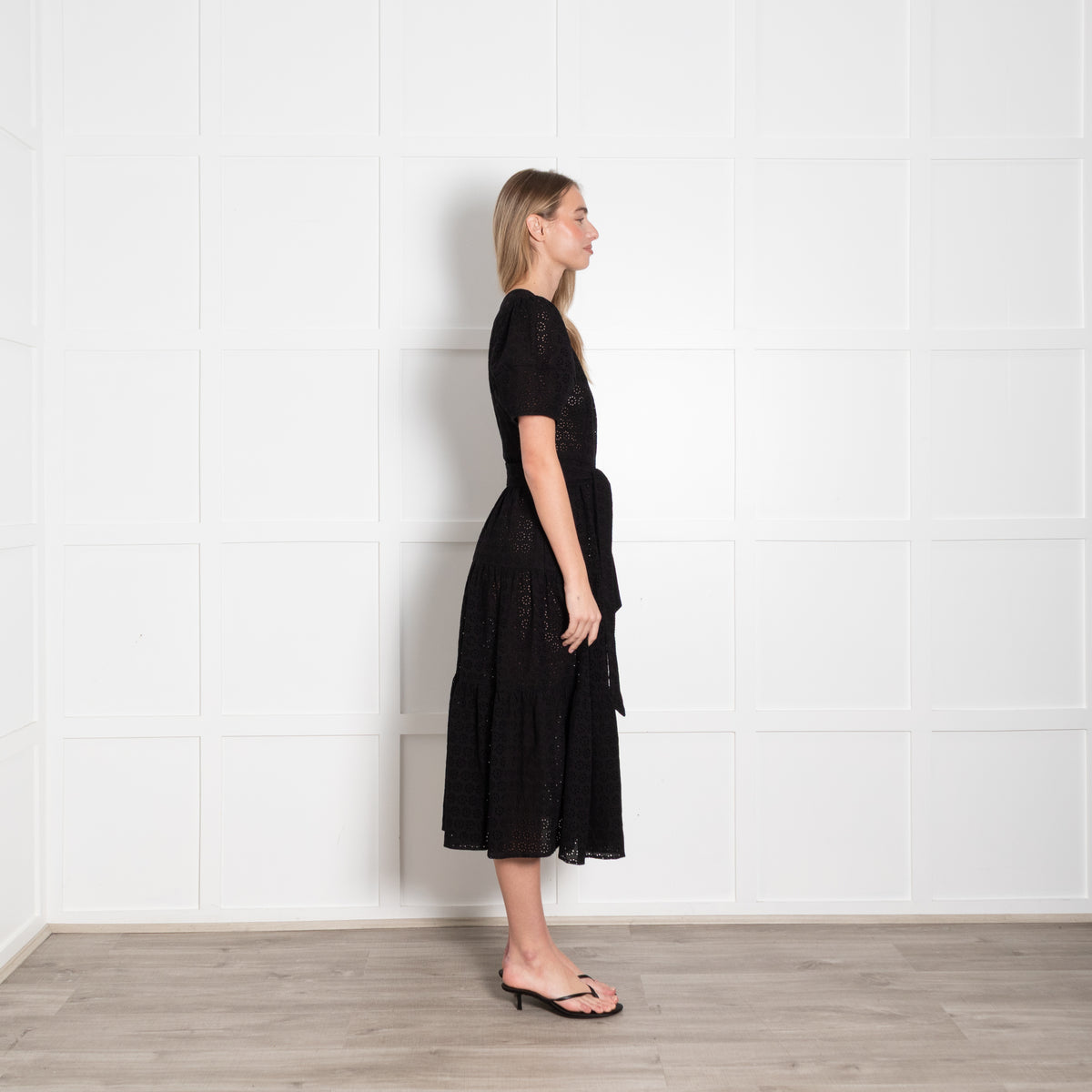 Wyse Black Broderie Anglaise Puff Sleeve Belted Dress