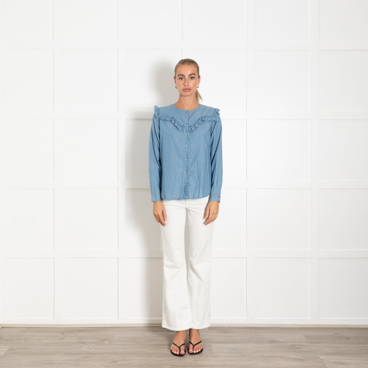 MiH Jeans Blue Chambray Frill Front Shirt