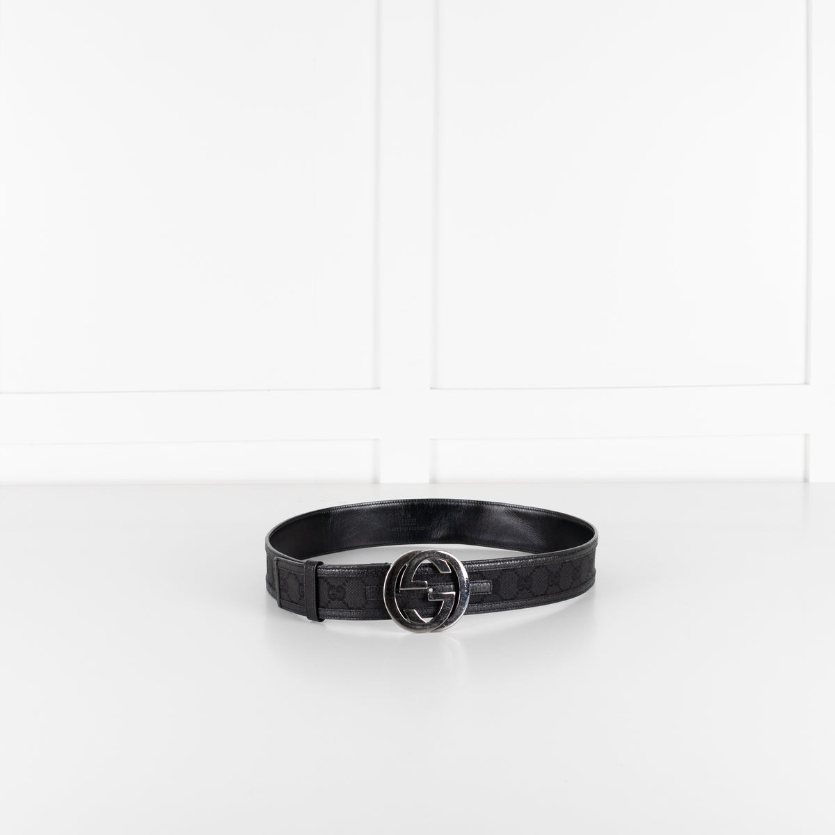 Gucci Black Silver GG Logo Leather Trim Fabric Belt