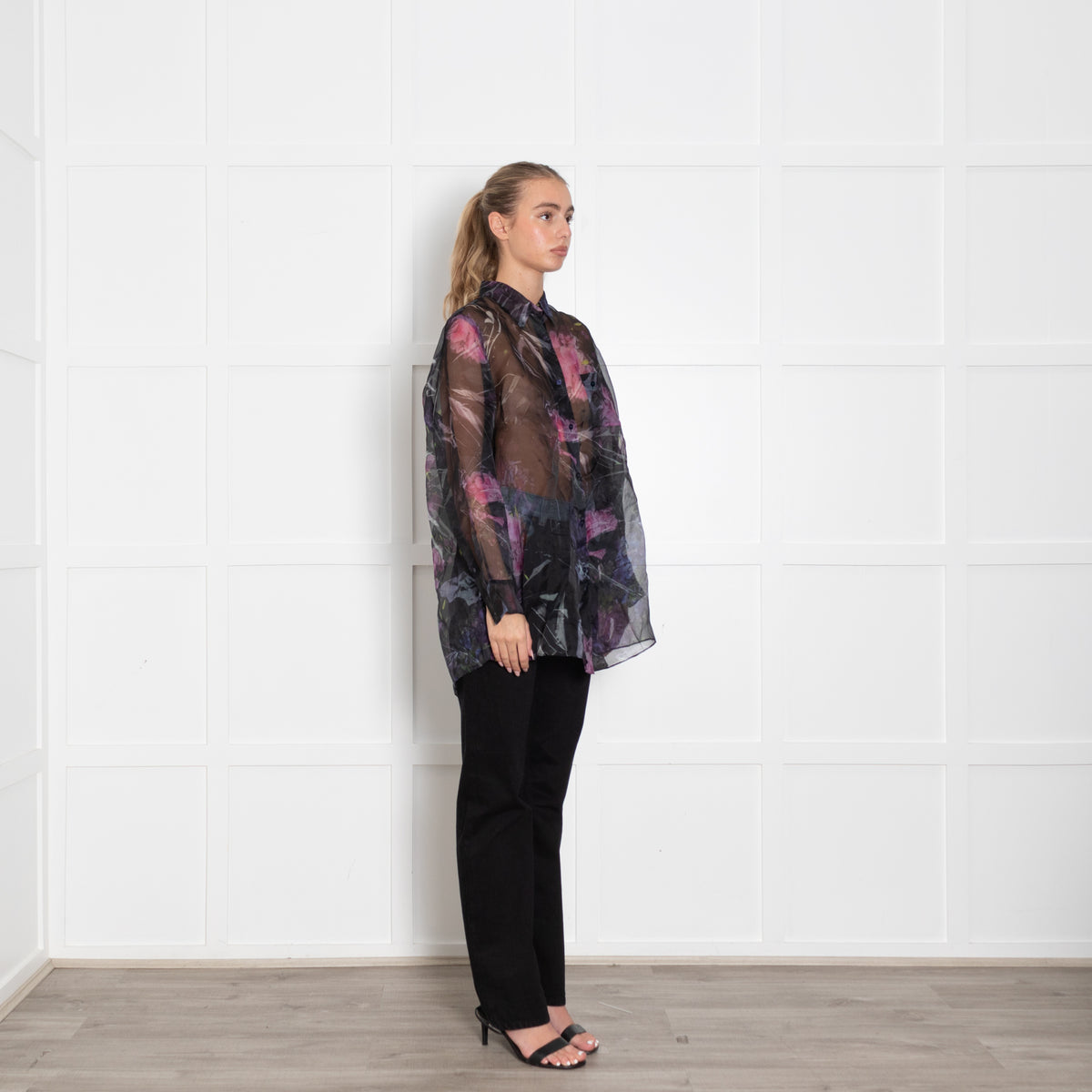 Acne Black With Floral Pattern Silk Sheer Oversized Blouse