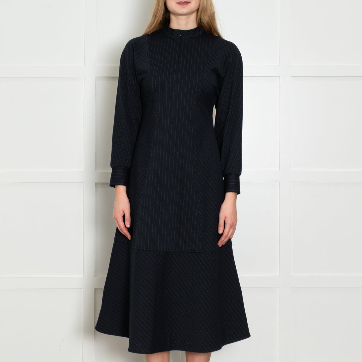 Me + Em Navy White Pin Stripes Maxi Dress