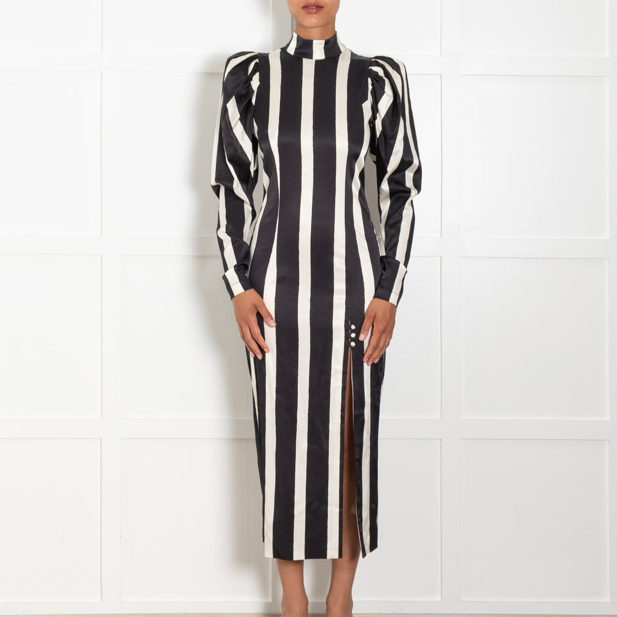 Rotate Birger Christensen Theresa Black & White Striped Dress With Puffed Sleeves