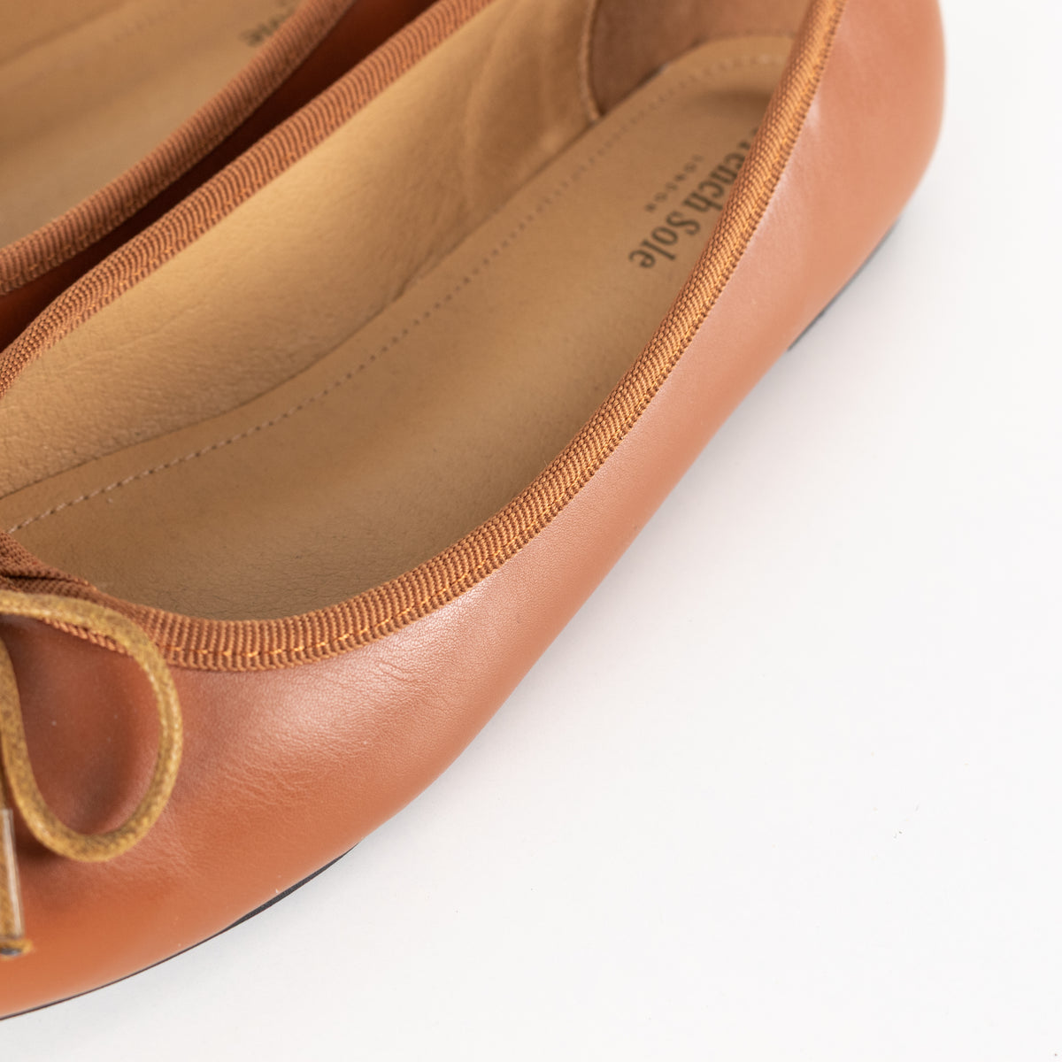 French Sole Tan Leather Ballet Flats With Bow Detail