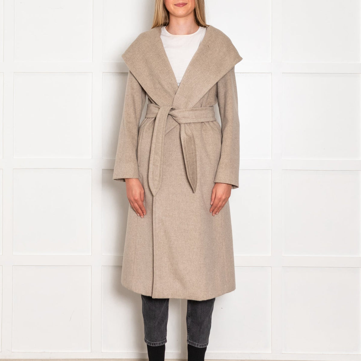 Max Mara Beige Cashmere Gown Belted Hooded Coat