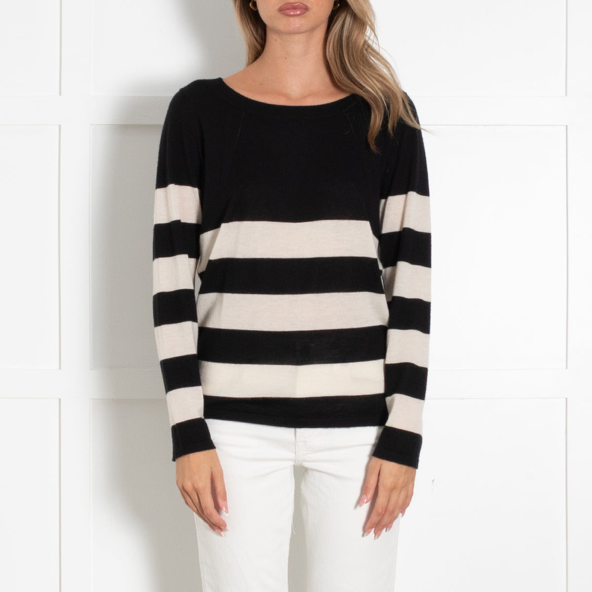 Strenesse Black And Cream Stripe Fine Knit Cashmere Jumper