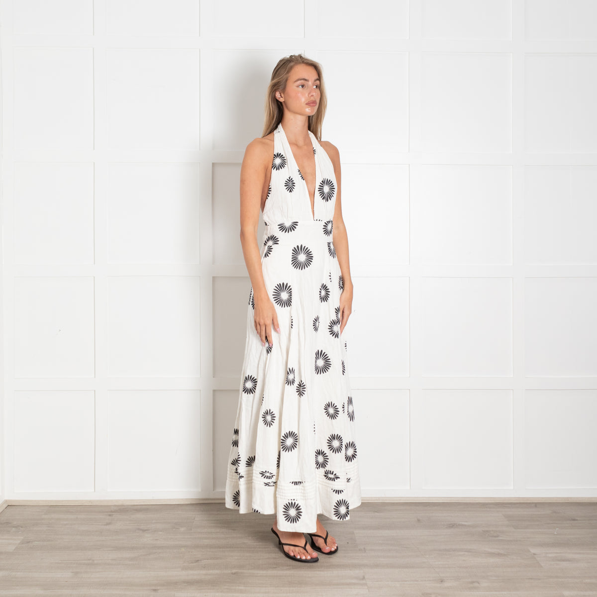 Me + Em Cream Black Floral Cotton Halterneck Maxi Dress