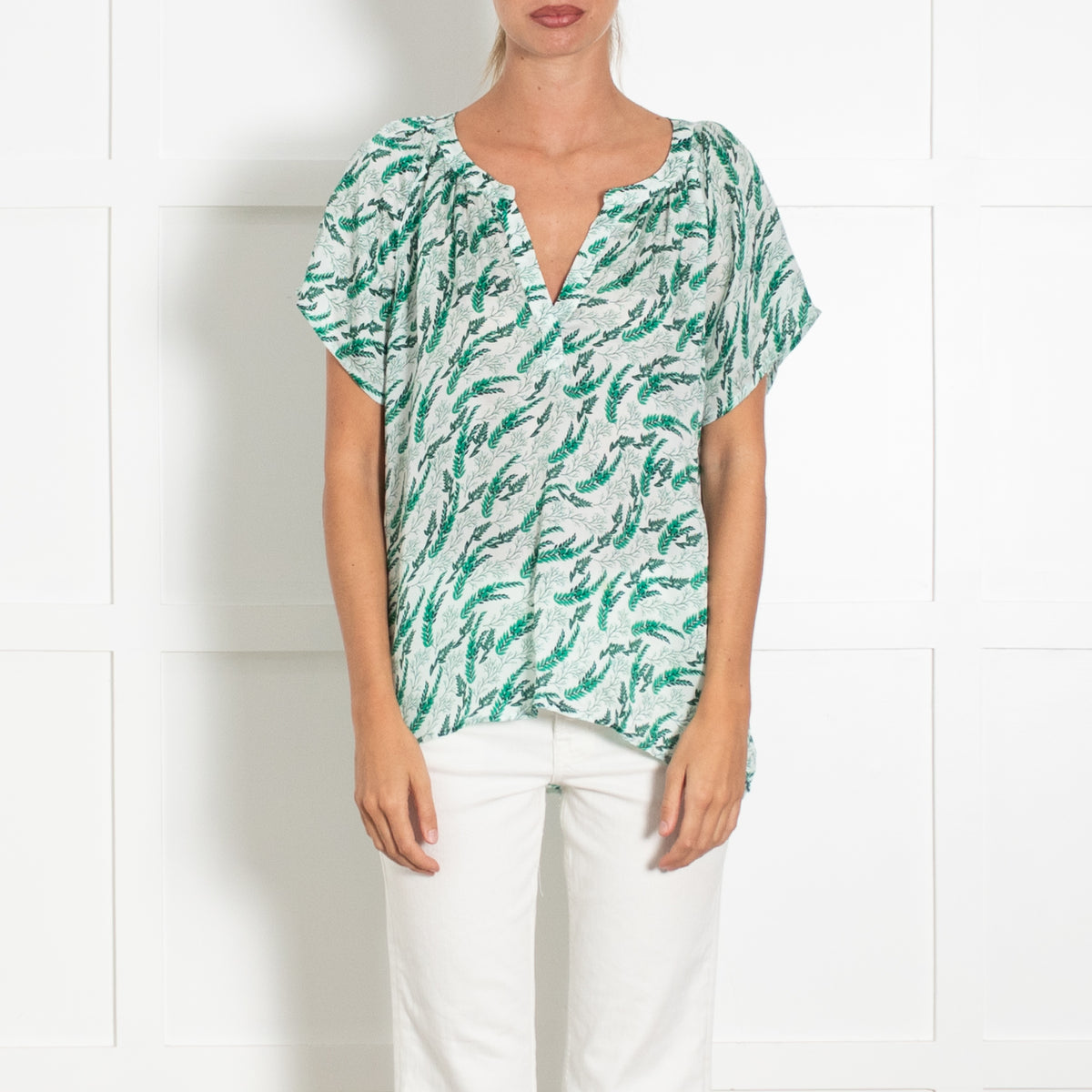 Primrose Park Green And White Fern Pattern Cap Sleeve Top
