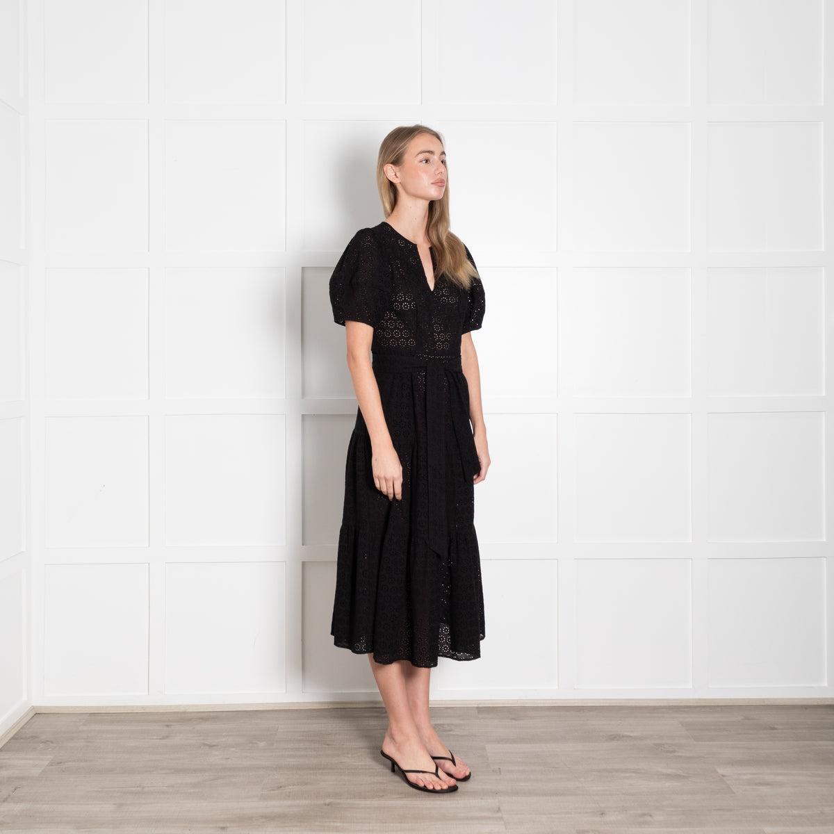 Wyse Black Broderie Anglaise Puff Sleeve Belted Dress