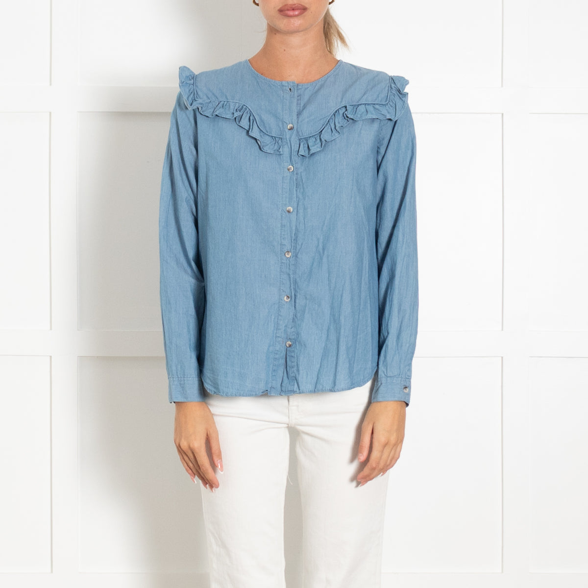 MiH Jeans Blue Chambray Frill Front Shirt