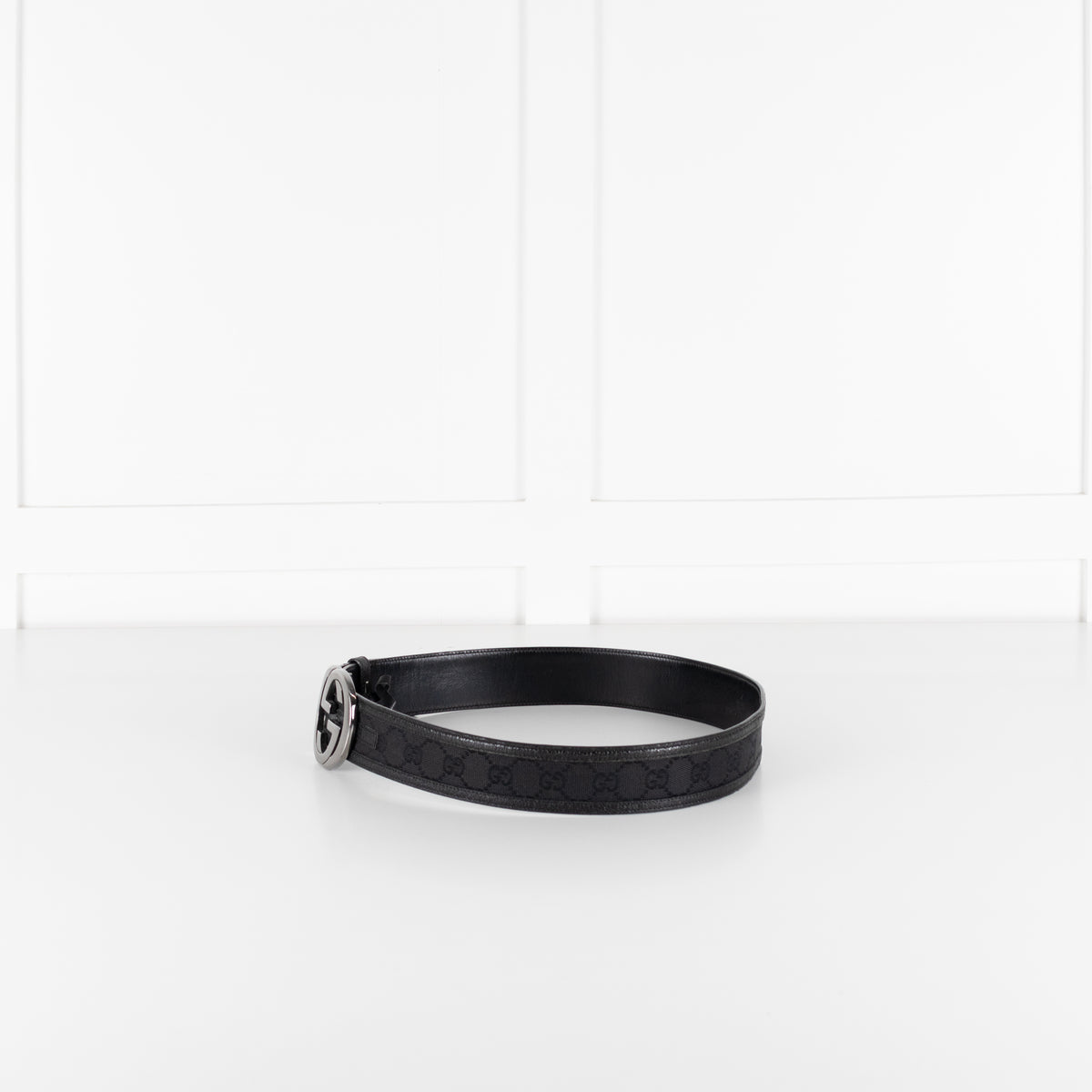 Gucci Black Silver GG Logo Leather Trim Fabric Belt