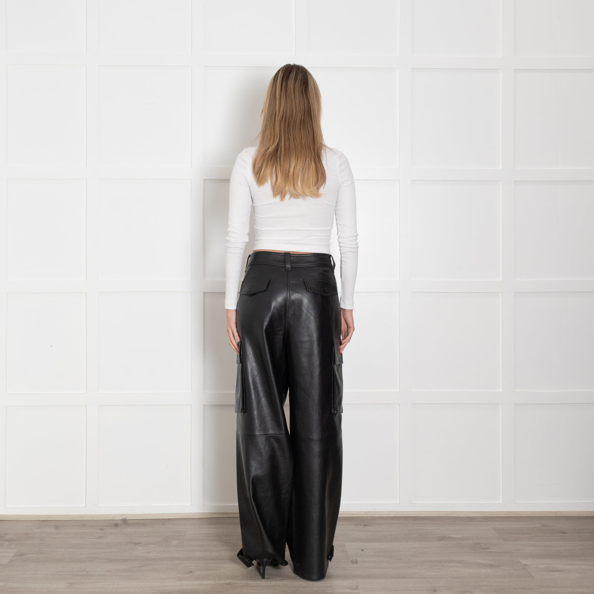 Stand Studio Black Faux Leather Cargo Trousers