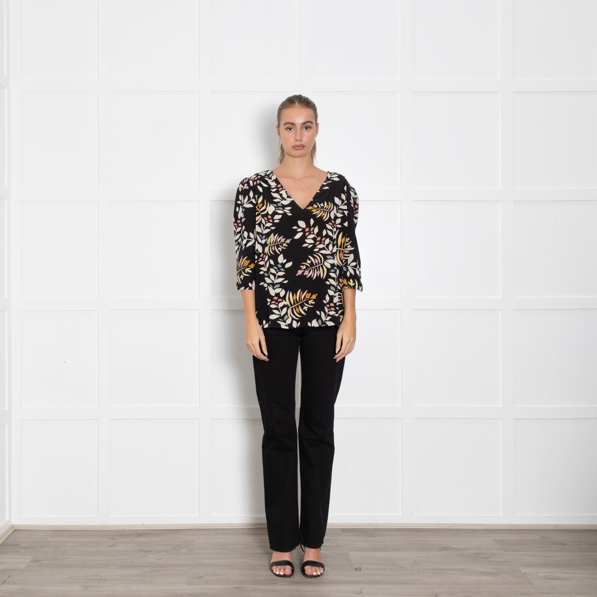 Ba&sh Black Floral Blouse with Gathered Cuffs
