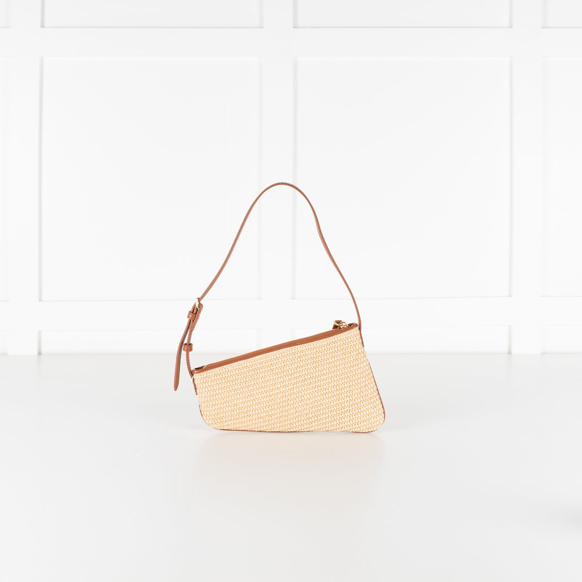 Aupen Beige Woven Asymmetric Shoulder Bag With Brown Leather Trim